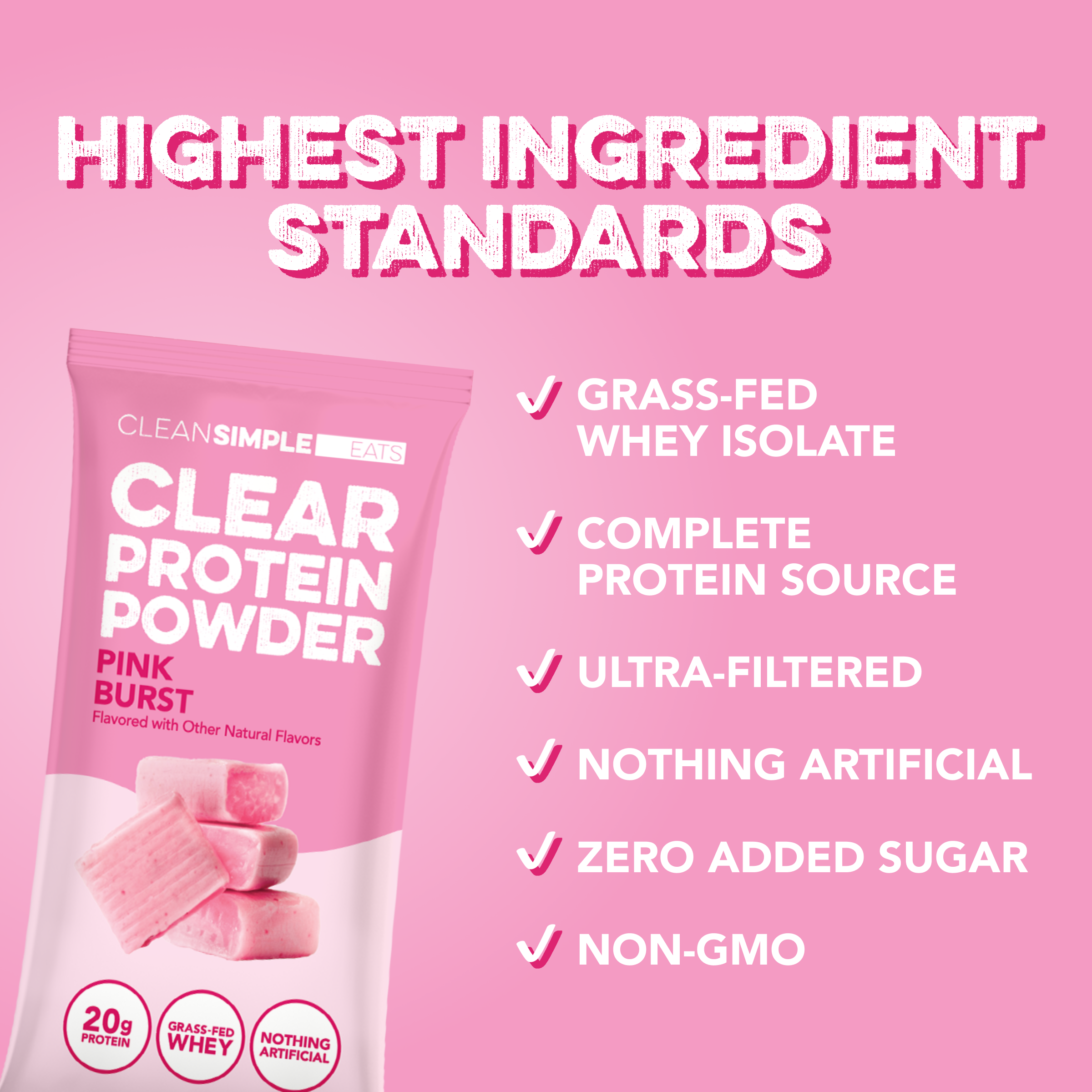 Clear Protein Powder: Pink Burst (8 Single Serving Stick Packs)