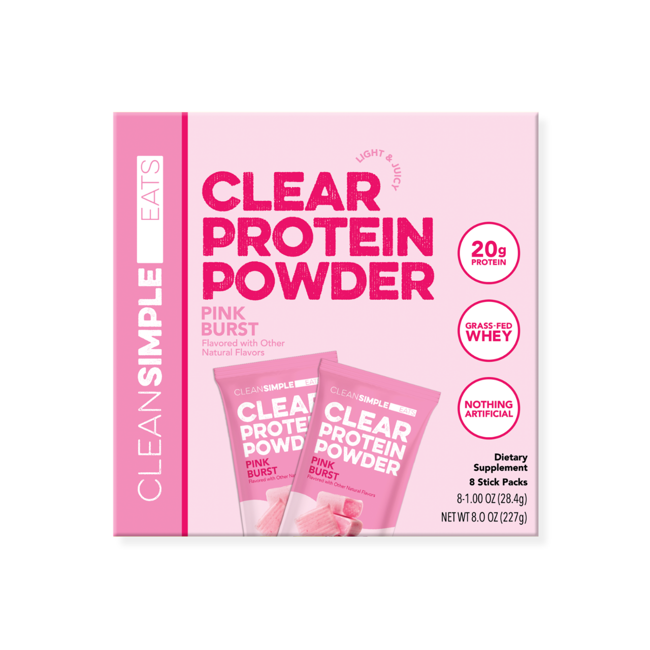 Clear Protein Powder: Pink Burst (8 Single Serving Stick Packs)